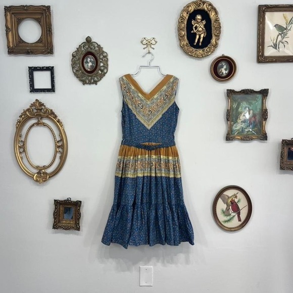 The Unbranded Brand Dresses & Skirts - Vintage Handmade Prairie Folk Dress – Blue Floral Tiered Boho Midi XS
